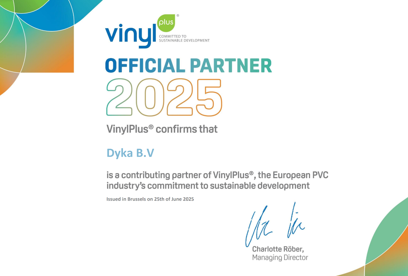 DYKA B.V. opnieuw officiële partner van VinylPlus in 2025